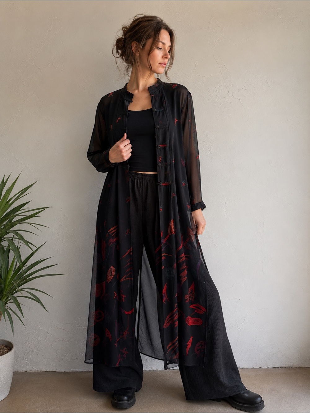 Vintage Sheer Black Artwear Duster Jacket Abstract Print Mesh Layering Piece L